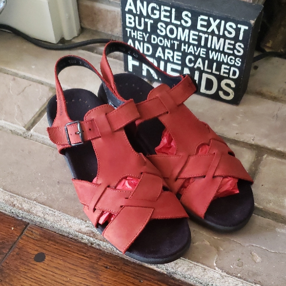 Mephisto Red Leather Women’s Buckle Slingback Sandals